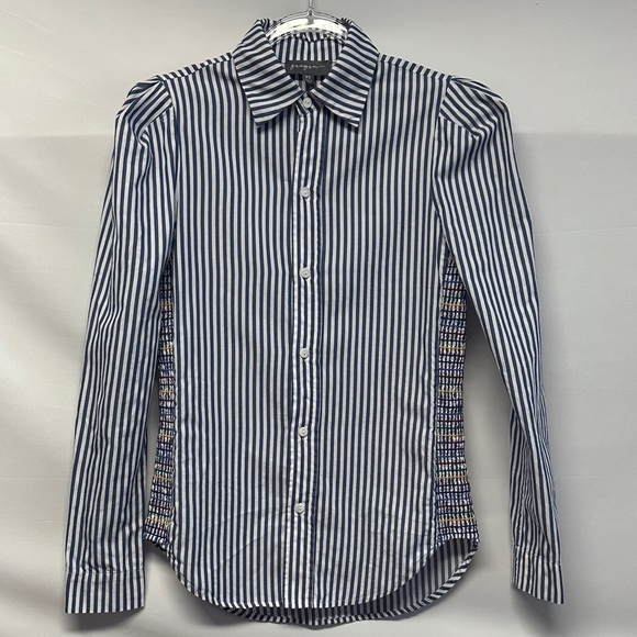 Greyson Tops - Greyson The Hero Blue White Striped Smocked Side Button Down Shirt XS